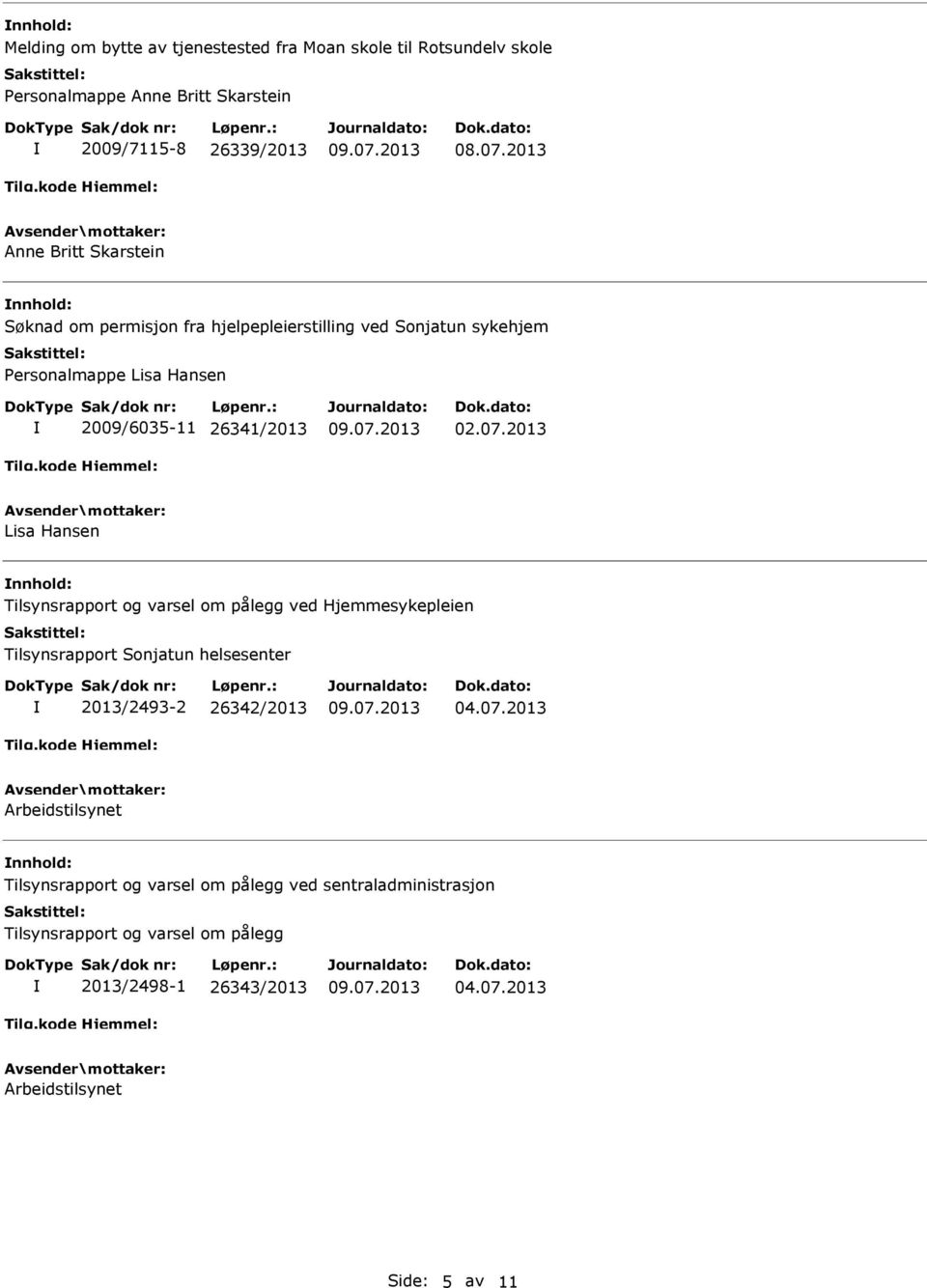 2013 Lisa Hansen nnhold: Tilsynsrapport og varsel om pålegg ved Hjemmesykepleien Tilsynsrapport Sonjatun helsesenter 2013/2493-2 26342/2013