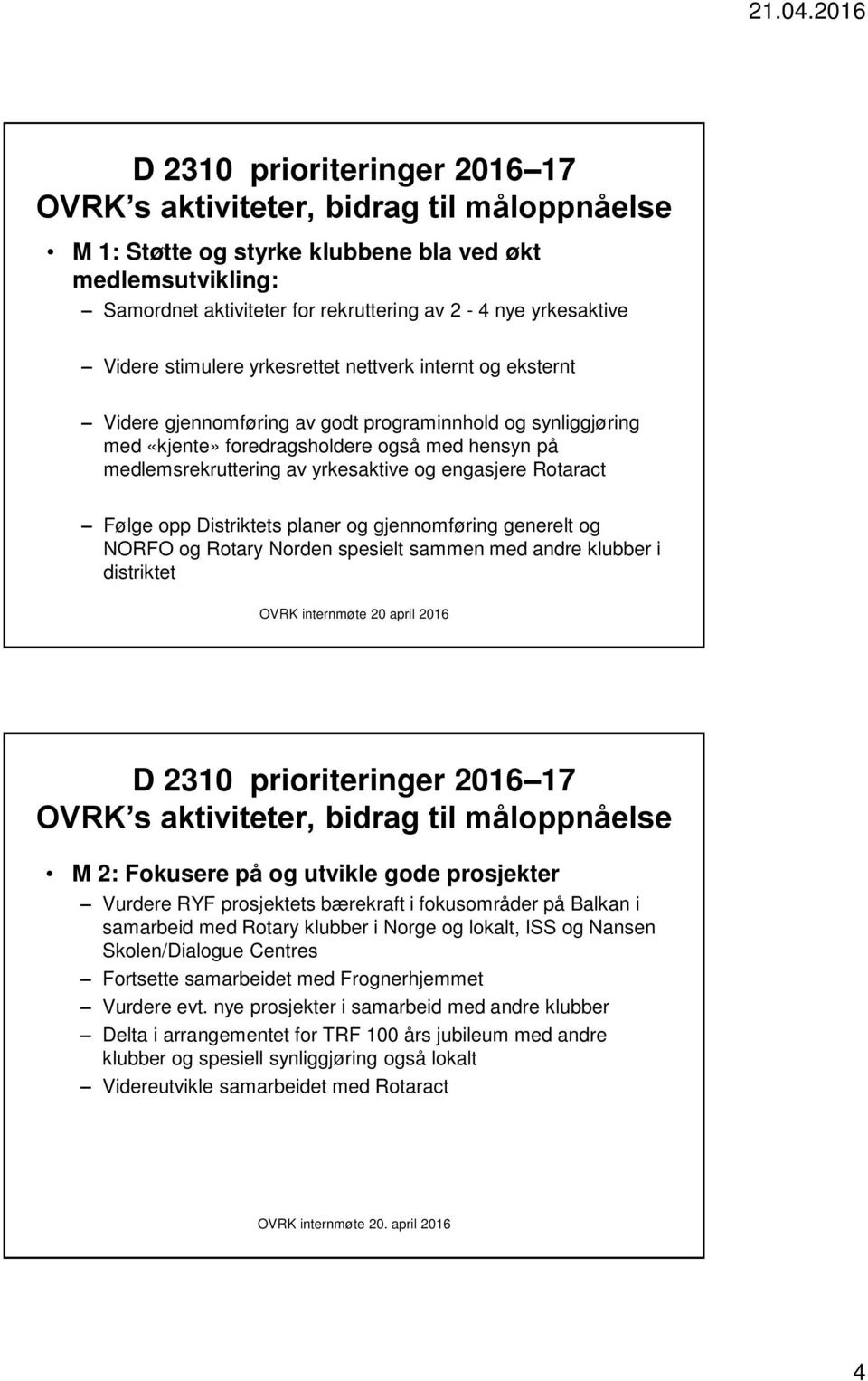 yrkesaktive og engasjere Rotaract Følge opp Distriktets planer og gjennomføring generelt og NORFO og Rotary Norden spesielt sammen med andre klubber i distriktet OVRK internmøte 20 april 2016 D 2310