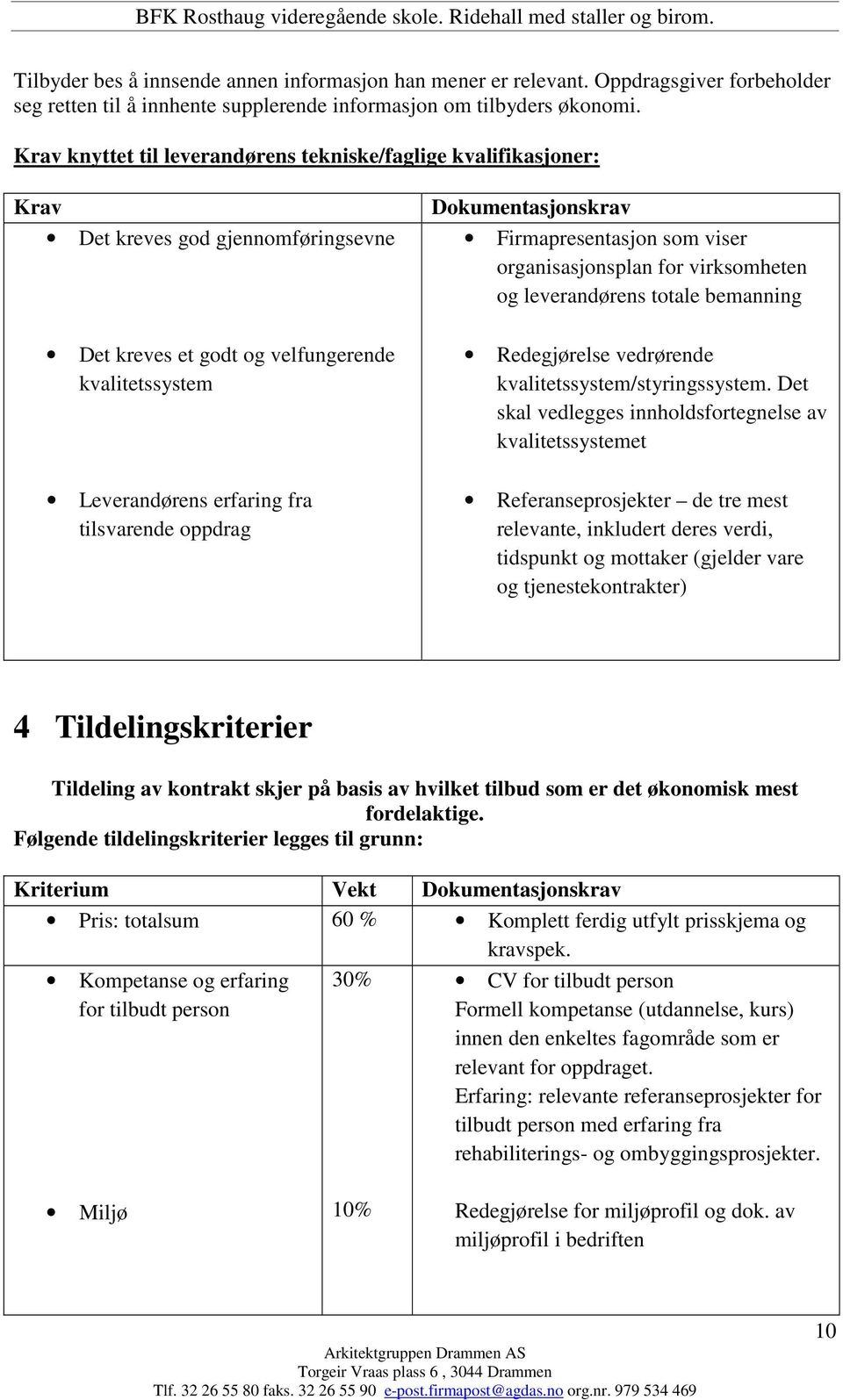 oppdrag Dokumentasjonskrav Firmapresentasjon som viser organisasjonsplan for virksomheten og leverandørens totale bemanning Redegjørelse vedrørende kvalitetssystem/styringssystem.