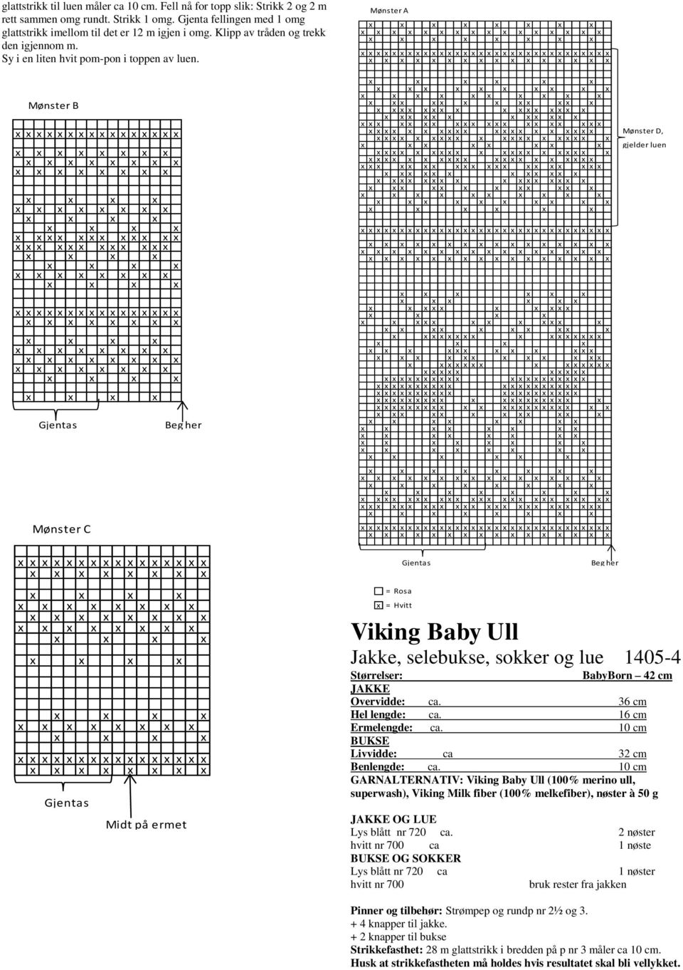 Mønster B Mønster C Midt på ermet Mønster A x x x x Mønster D, gjelder luen x x x x x x x x x x x x x x x x x x x x x x = Rosa x = Hvitt Viking Baby Ull Jakke, selebukse, sokker og lue 1405-4