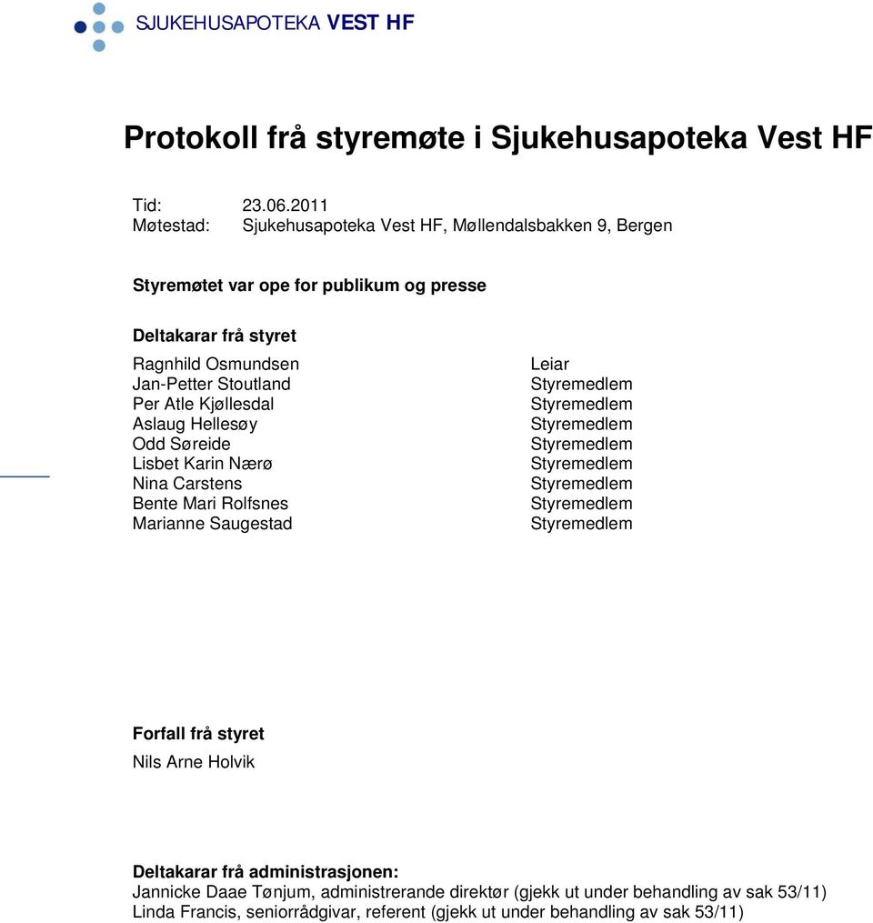 Jan-Petter Stoutland Per Atle Kjøllesdal Aslaug Hellesøy Odd Søreide Lisbet Karin Nærø Nina Carstens Bente Mari Rolfsnes Marianne Saugestad Leiar Forfall