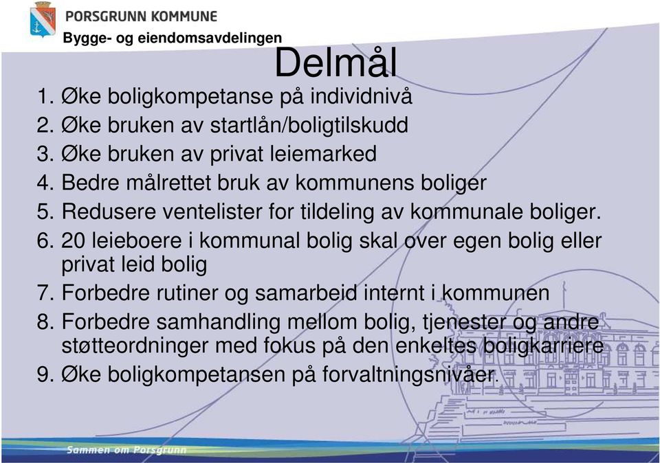 20 leieboere i kommunal bolig skal over egen bolig eller privat leid bolig 7. Forbedre rutiner og samarbeid internt i kommunen 8.