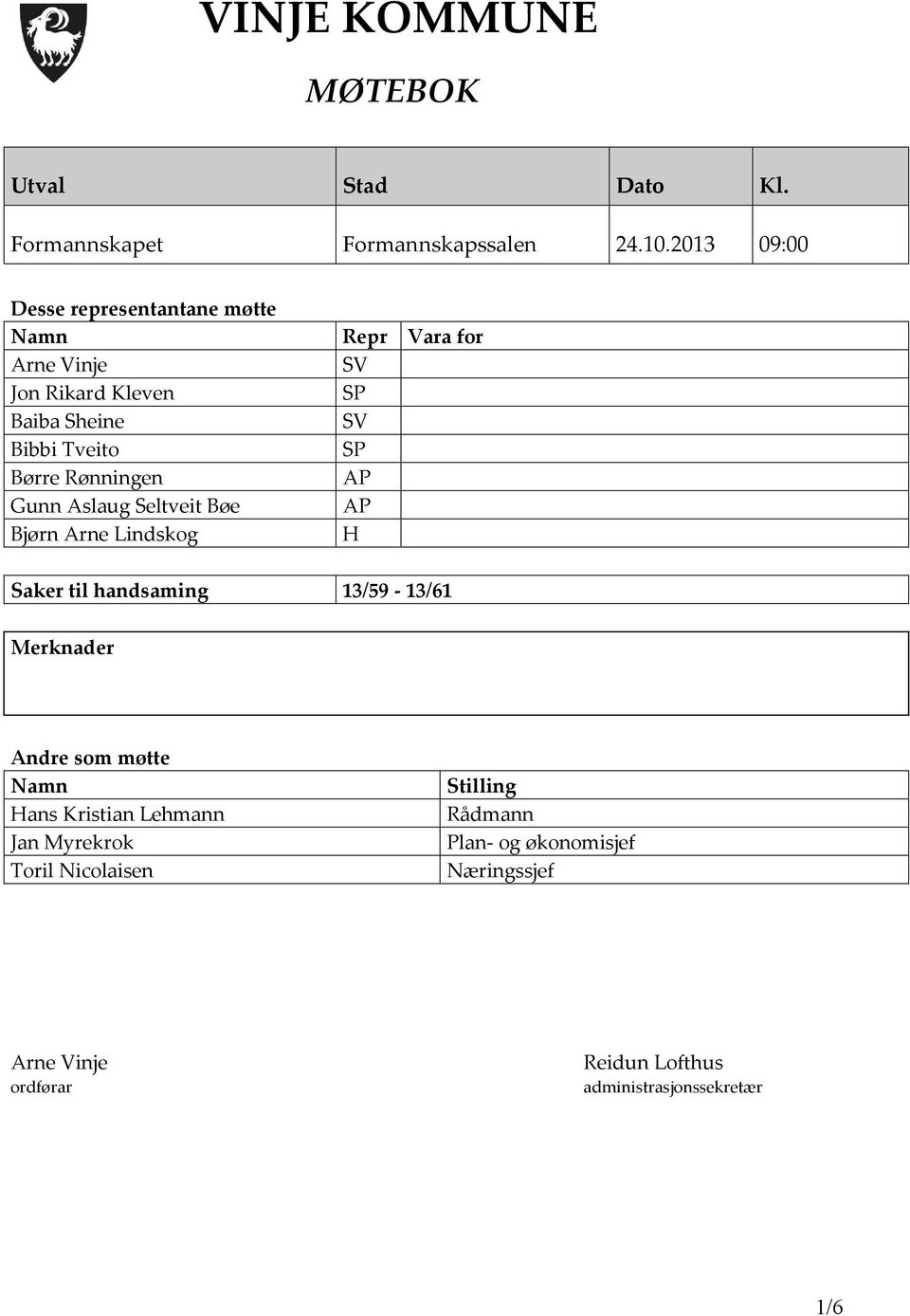 Børre Rønningen AP Gunn Aslaug Seltveit Bøe AP Bjørn Arne Lindskog H Saker til handsaming 13/59-13/61 Merknader Andre som