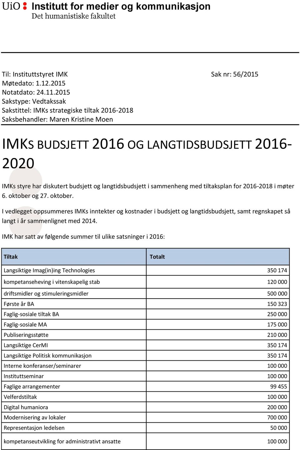 langtidsbudsjett i sammenheng med tiltaksplan for 2016-2018 i møter 6. oktober 