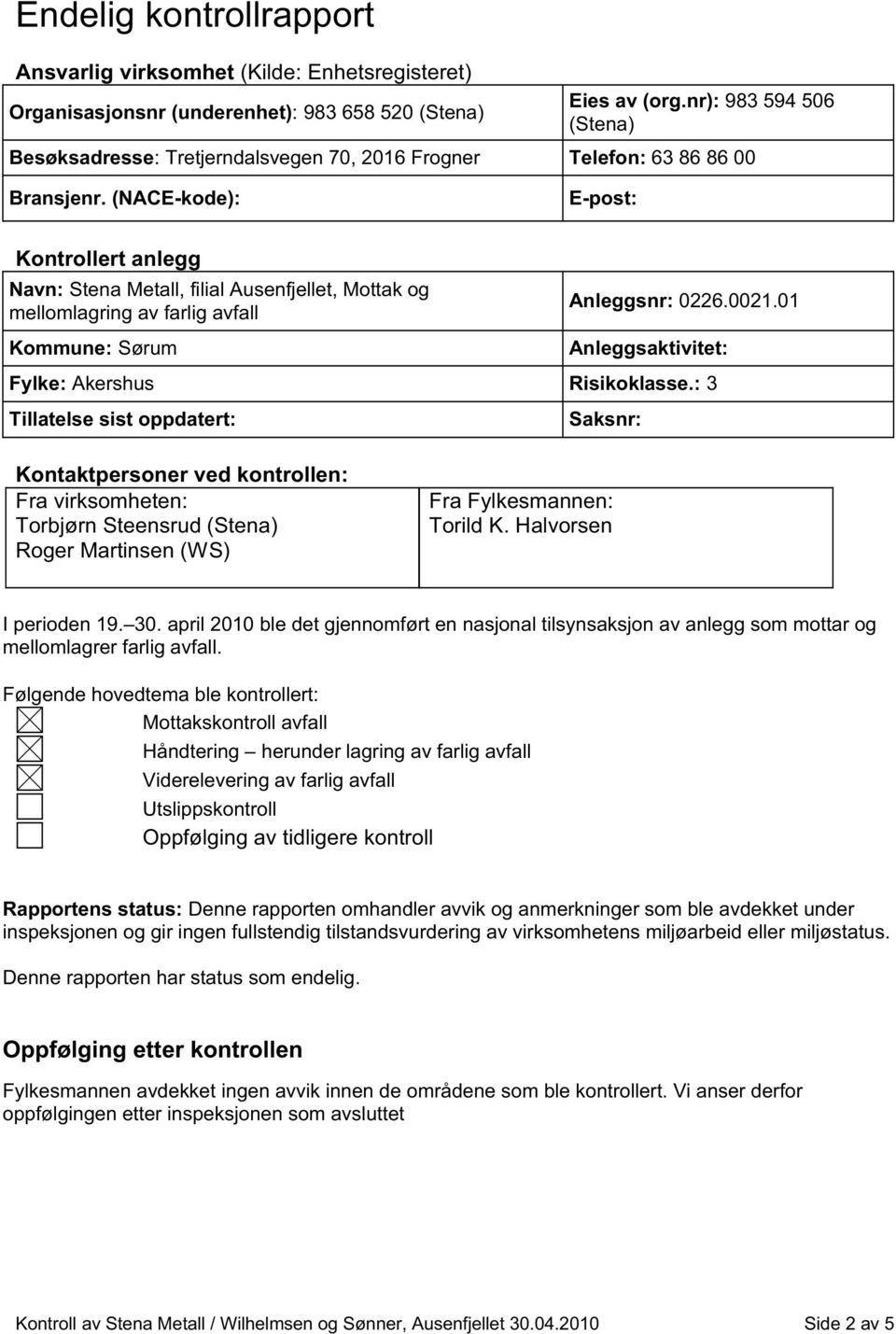 (NACE-kode): E-post: Kontrollert anlegg Navn: Stena Metall, filial Ausenfjellet, Mottak og mellomlagring av farlig avfall Kommune: Sørum Anleggsnr: 0226.0021.