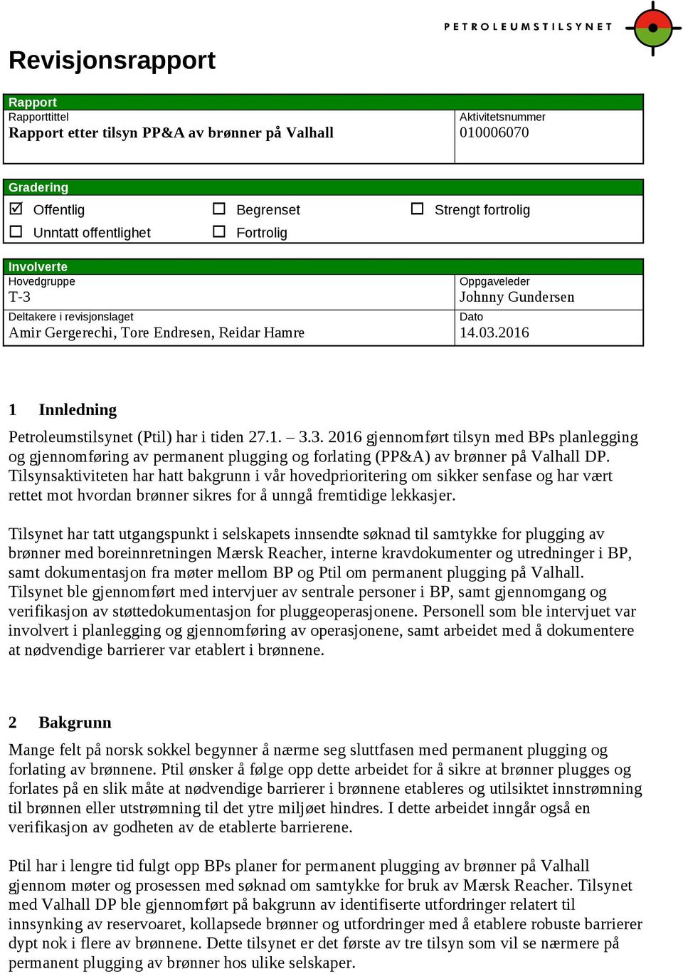 1. 3.3. 2016 gjennomført tilsyn med BPs planlegging og gjennomføring av permanent plugging og forlating (PP&A) av brønner på Valhall DP.