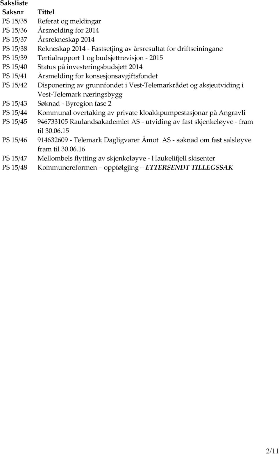 aksjeutviding i Vest-Telemark næringsbygg PS 15/43 Søknad - Byregion fase 2 PS 15/44 Kommunal overtaking av private kloakkpumpestasjonar på Angravli PS 15/45 946733105 Raulandsakademiet AS - utviding