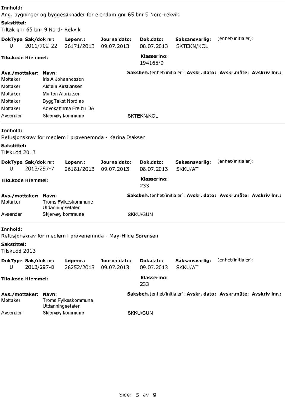 : ris A Johannessen Alstein Kirstiansen Morten Albrigtsen ByggTakst Nord as Advokatfirma Freibu DA Refusjonskrav for medlem i prøvenemnda - Karina saksen Tilskudd 2013 2013/297-7 26181/2013 08.