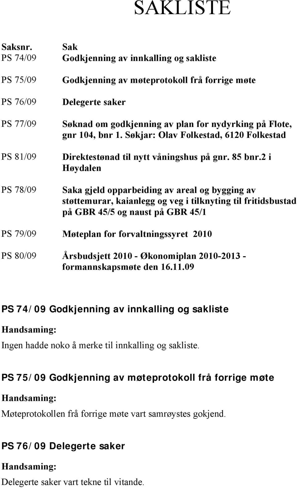 nydyrking på Flote, gnr 104, bnr 1. Søkjar: Olav Folkestad, 6120 Folkestad Direktestønad til nytt våningshus på gnr. 85 bnr.
