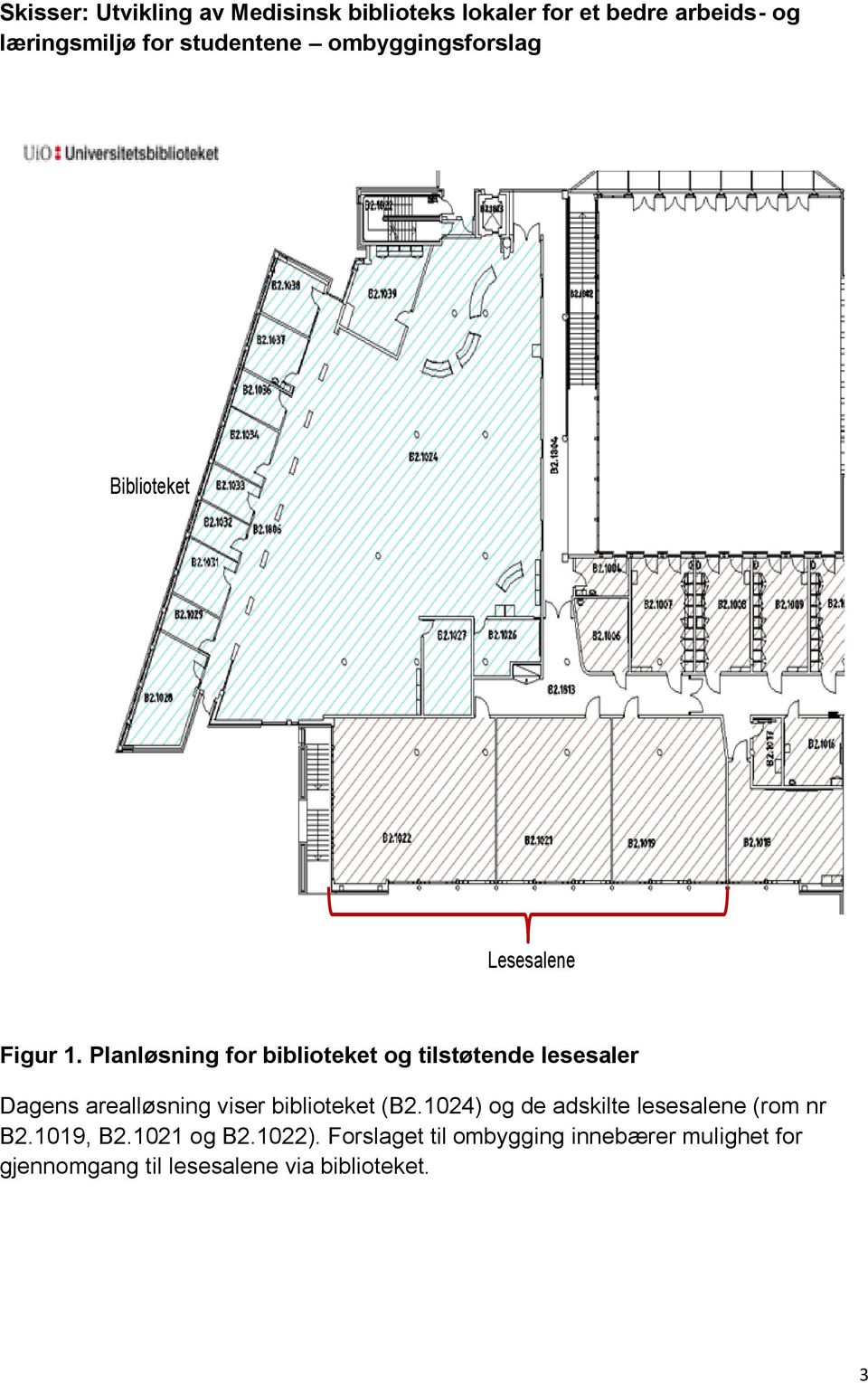 Planløsning for biblioteket og tilstøtende lesesaler Dagens arealløsning viser biblioteket (B2.