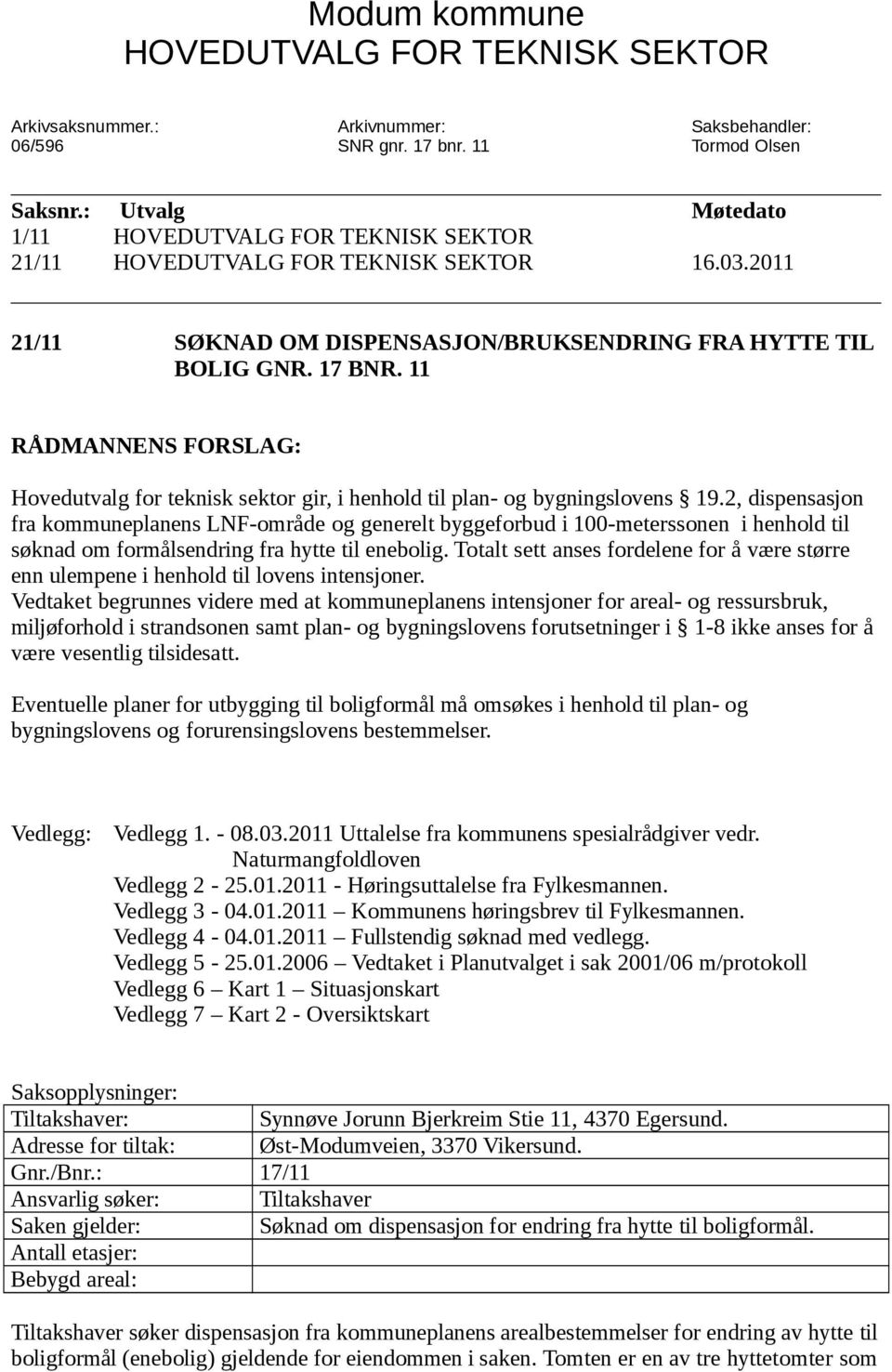 11 RÅDMANNENS FORSLAG: Hovedutvalg for teknisk sektor gir, i henhold til plan- og bygningslovens 19.