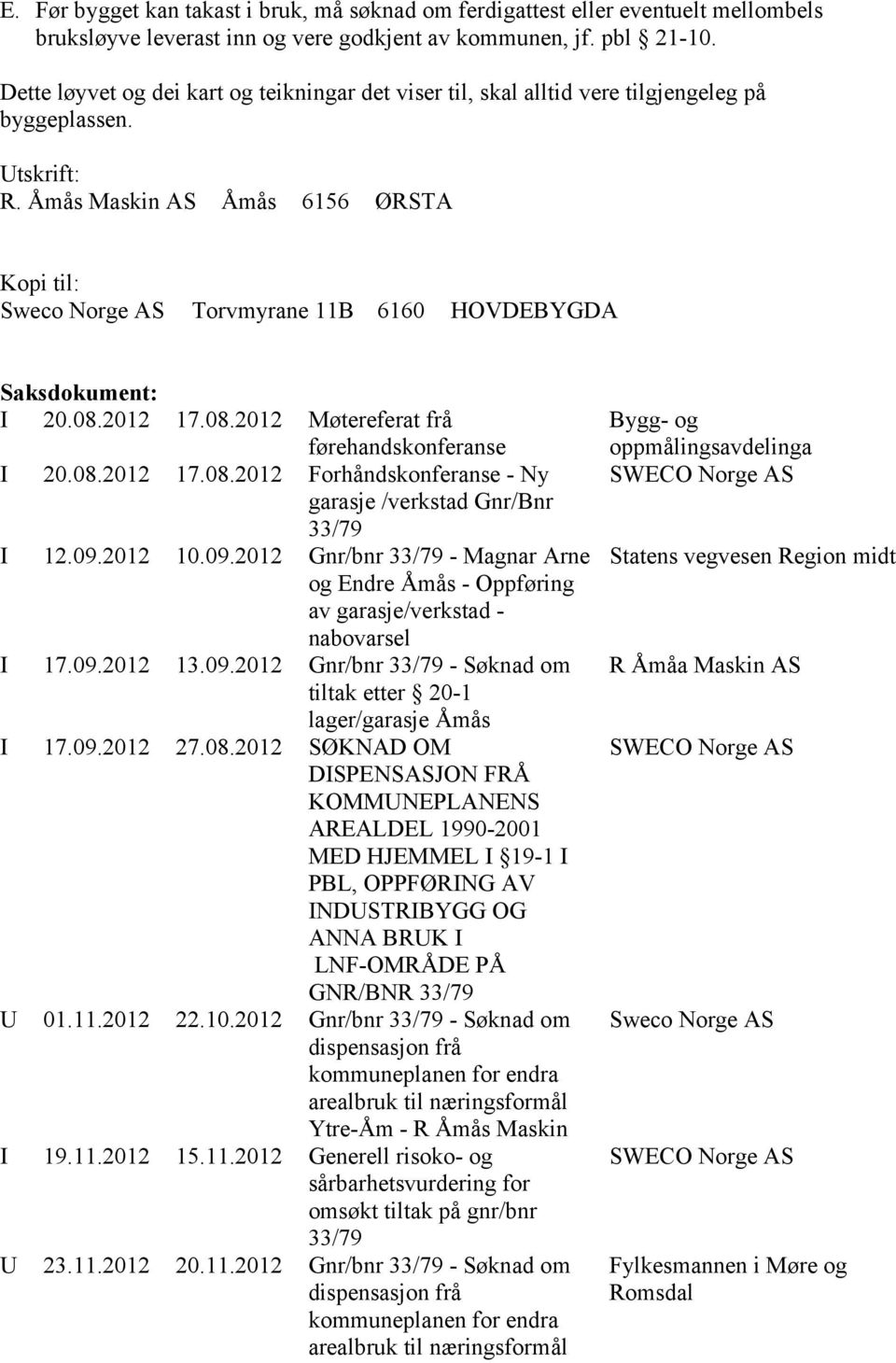 Åmås Maskin AS Åmås 6156 ØRSTA Kopi til: Sweco Norge AS Torvmyrane 11B 6160 HOVDEBYGDA Saksdokument: I 20.08.2012 17.08.2012 Møtereferat frå førehandskonferanse I 20.08.2012 17.08.2012 Forhåndskonferanse - Ny garasje /verkstad Gnr/Bnr 33/79 I 12.