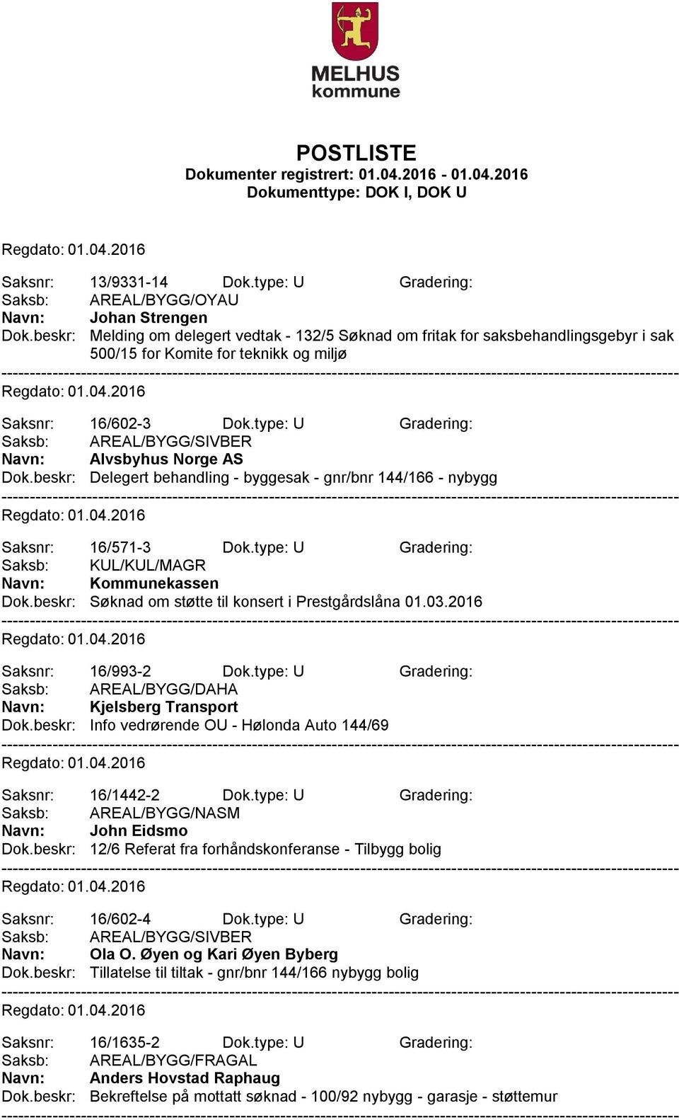 type: U Gradering: Saksb: AREAL/BYGG/SIVBER Navn: Alvsbyhus Norge AS Dok.beskr: Delegert behandling - byggesak - gnr/bnr 144/166 - nybygg Saksnr: 16/571-3 Dok.