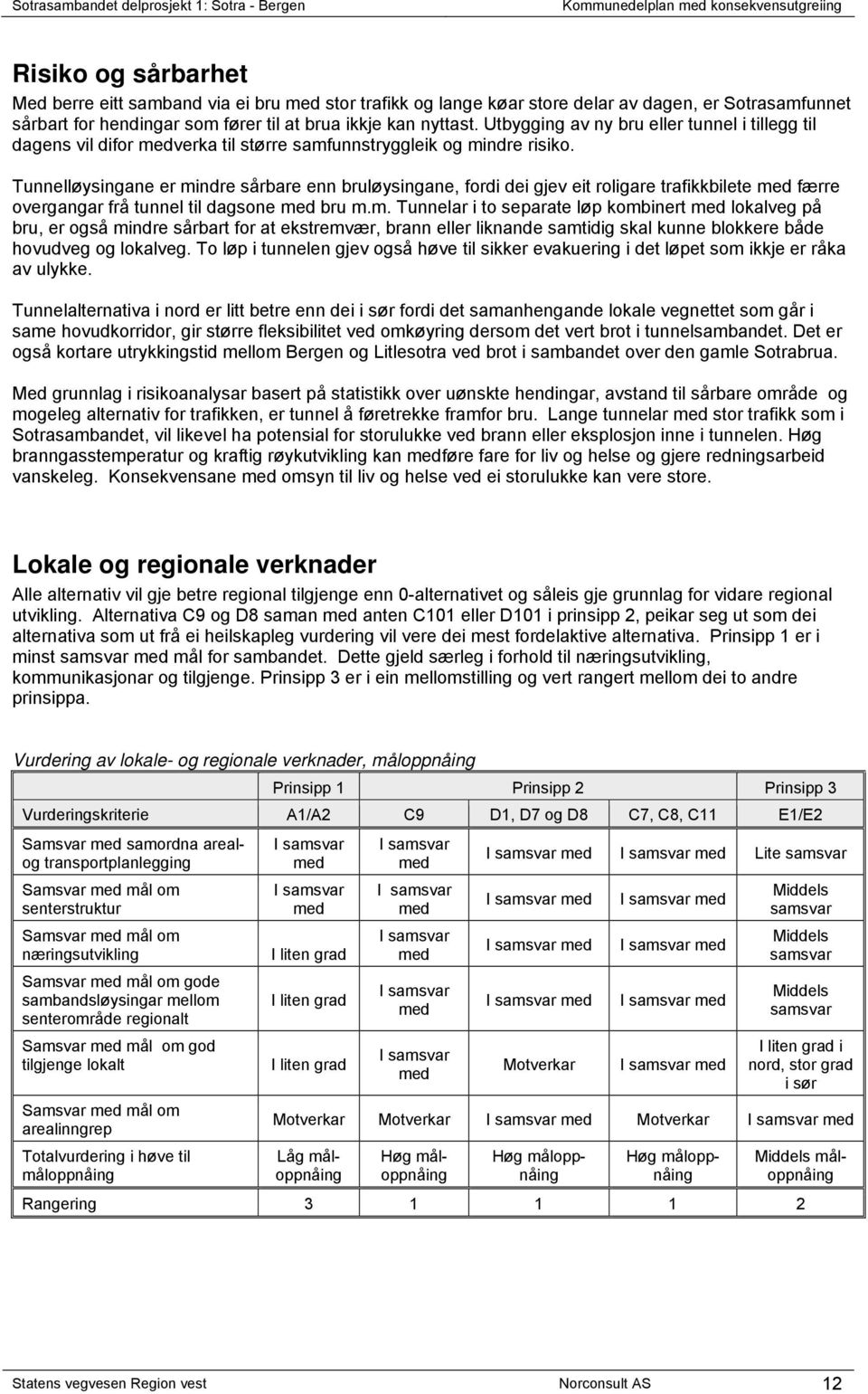 Tunnelløysingane er mindre sårbare enn bruløysingane, fordi dei gjev eit roligare trafikkbilete med færre overgangar frå tunnel til dagsone med bru m.m. Tunnelar i to separate løp kombinert med lokalveg på bru, er også mindre sårbart for at ekstremvær, brann eller liknande samtidig skal kunne blokkere både hovudveg og lokalveg.