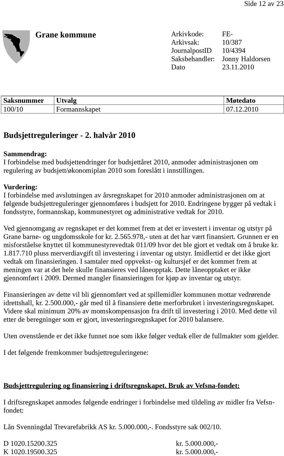 Vurdering: I forbindelse med avslutningen av årsregnskapet for 2010 anmoder administrasjonen om at følgende budsjettreguleringer gjennomføres i budsjett for 2010.