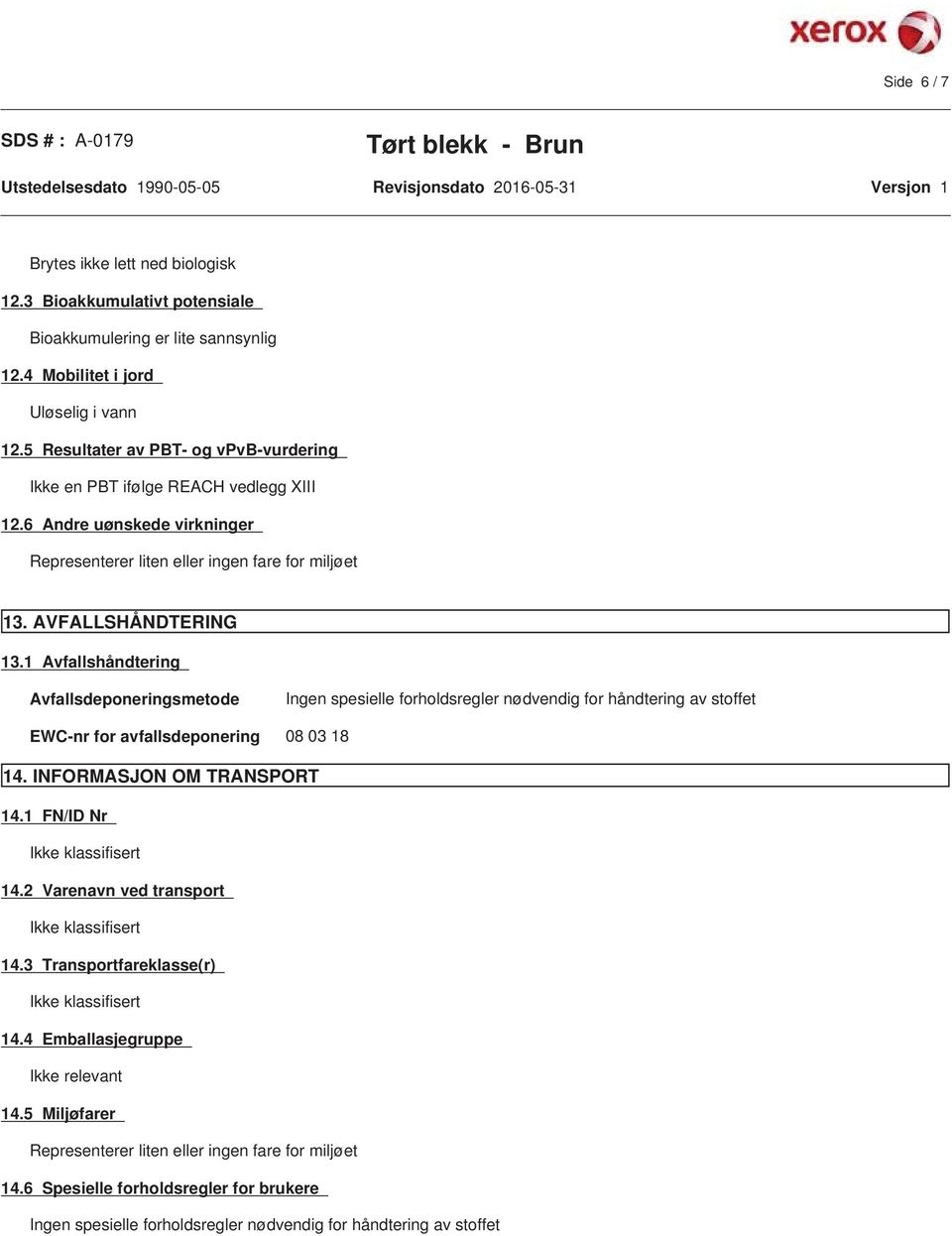 1 Avfallshåndtering Avfallsdeponeringsmetode Ingen spesielle forholdsregler nødvendig for håndtering av stoffet EWC-nr for avfallsdeponering 08 03 18 14. INFORMASJON OM TRANSPORT 14.