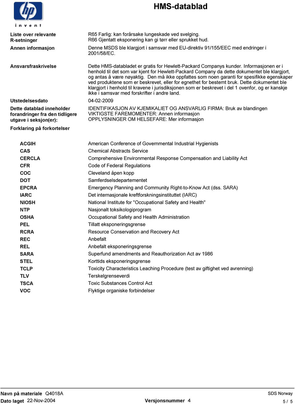 Ansvarsfraskrivelse Utstedelsesdato 04-02-2009 Dette datablad inneholder forandringer fra den tidligere utgave i seksjon(er): Forklaring på forkortelser Dette HMS-databladet er gratis for