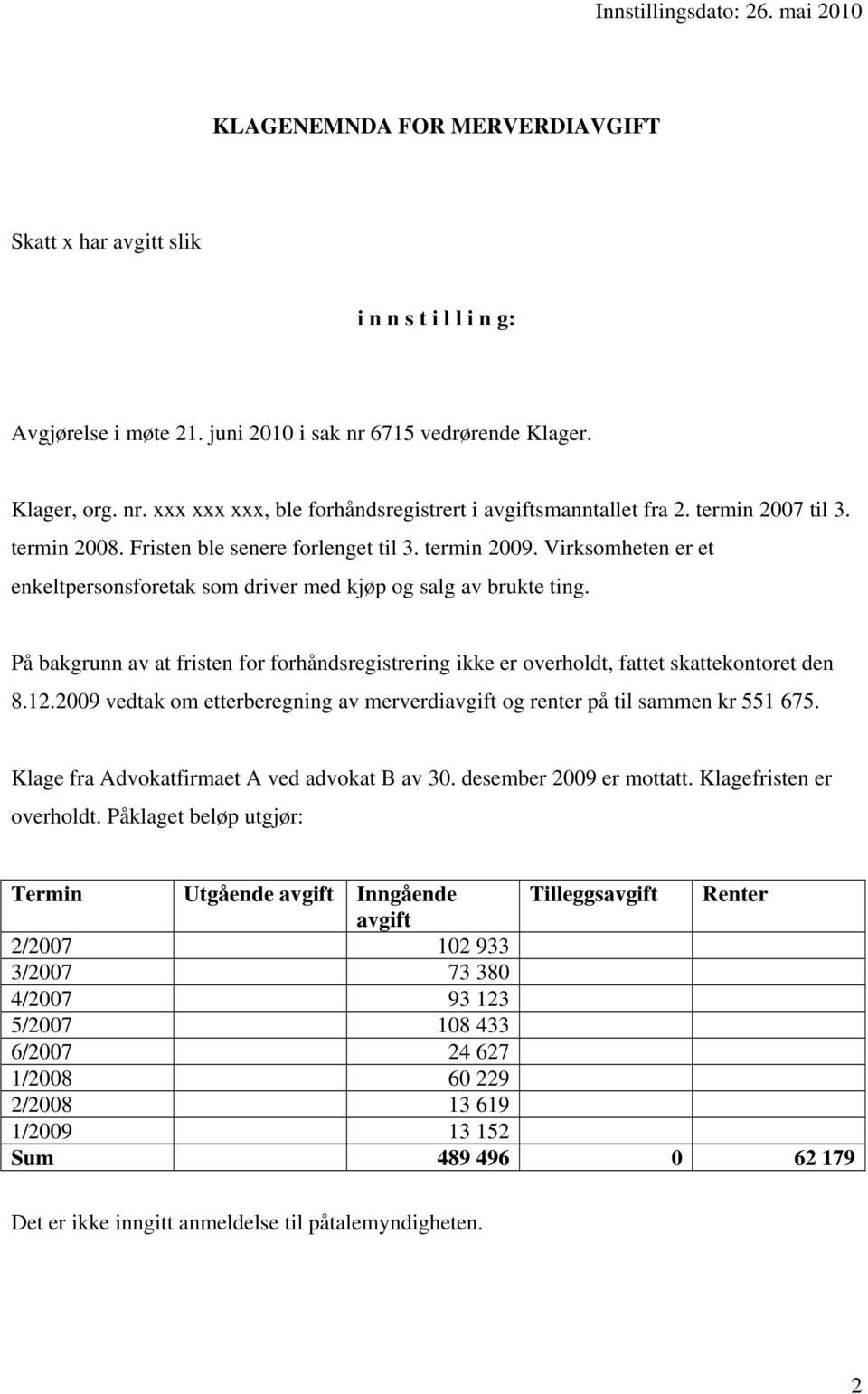 Virksomheten er et enkeltpersonsforetak som driver med kjøp og salg av brukte ting. På bakgrunn av at fristen for forhåndsregistrering ikke er overholdt, fattet skattekontoret den 8.12.