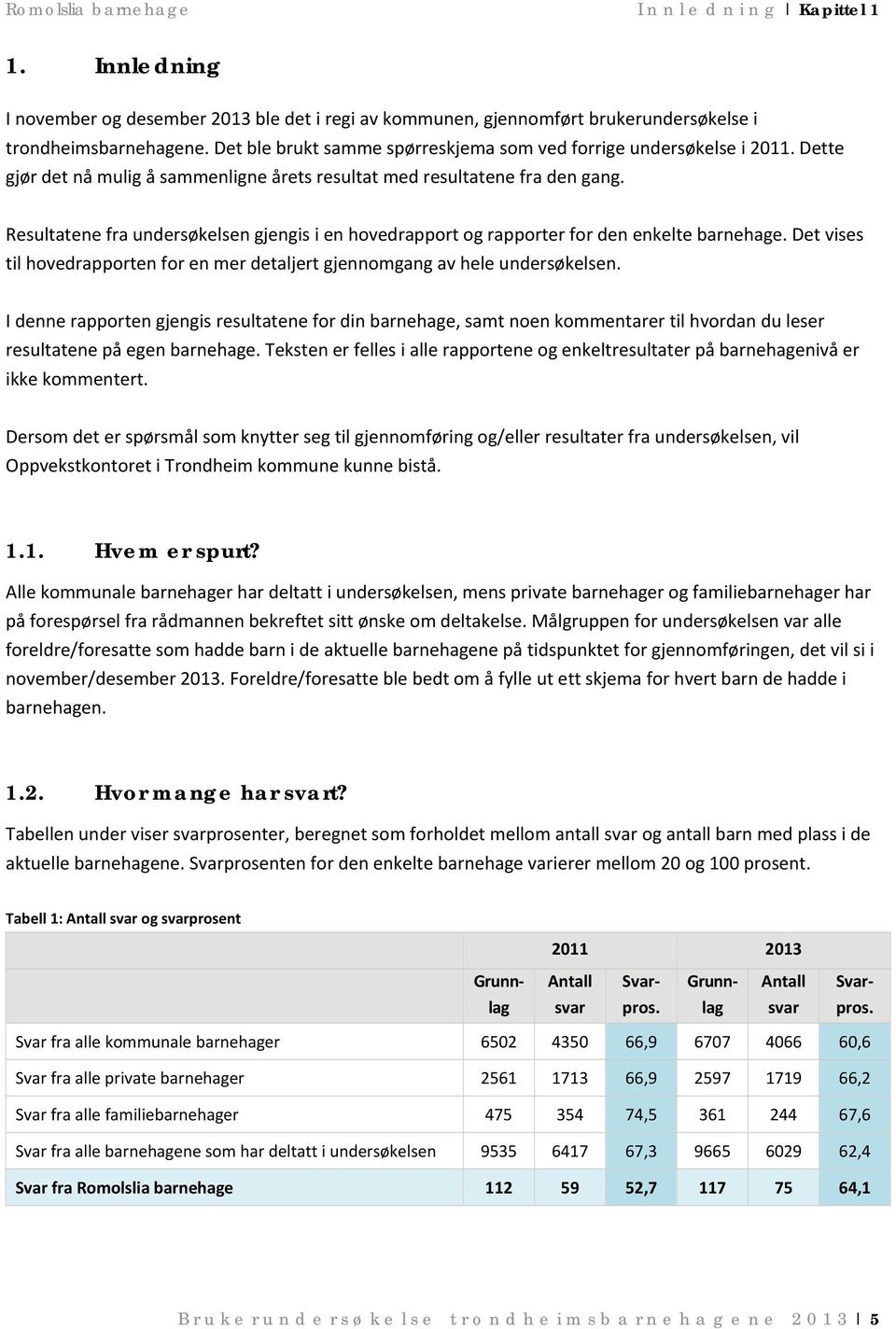 Resultatene fra undersøkelsen gjengis i en hovedrapport og rapporter for den enkelte barnehage. Det vises til hovedrapporten for en mer detaljert gjennomgang av hele undersøkelsen.