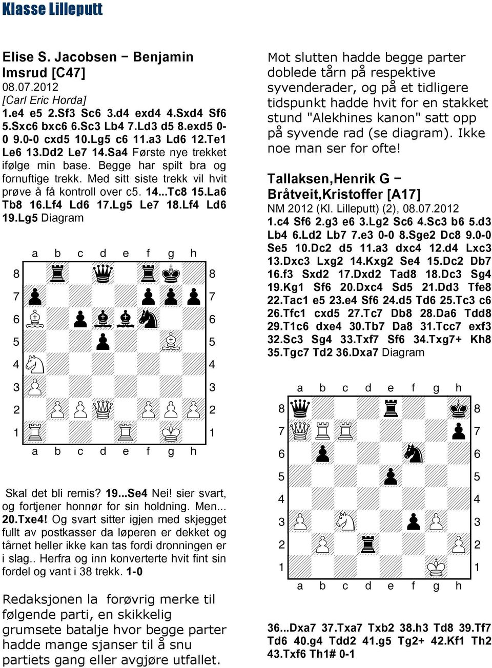 Lf4 Ld6 17.Lg5 Le7 18.Lf4 Ld6 19.Lg5 Diagram + + + + + + + + + + + + + + + Q + Skal det bli remis? 19...Se4 Nei! sier svart, og fortjener honnør for sin holdning. Men... 20.Txe4!