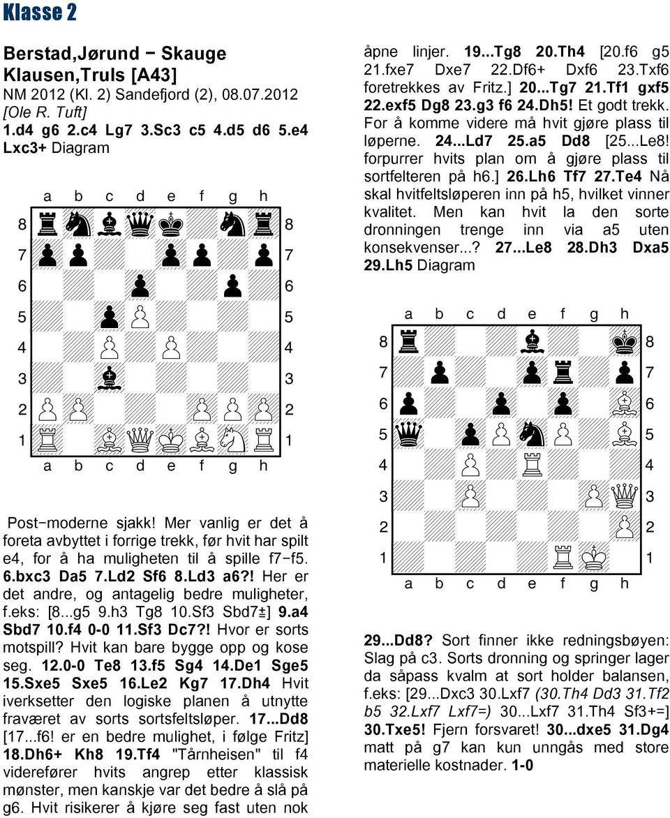 eks: [8...g5 9.h3 Tg8 10.Sf3 Sbd7 ] 9.a4 Sbd7 10.f4 0-0 11.Sf3 Dc7?! Hvor er sorts motspill? Hvit kan bare bygge opp og kose seg. 12.0-0 Te8 13.f5 Sg4 14.De1 Sge5 15.Sxe5 Sxe5 16.Le2 Kg7 17.