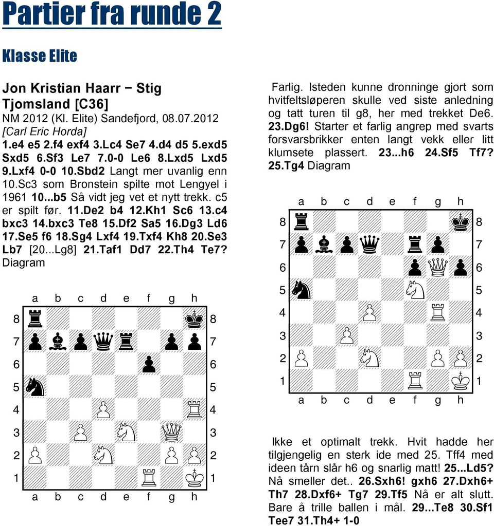 bxc3 Te8 15.Df2 Sa5 16.Dg3 Ld6 17.Se5 f6 18.Sg4 Lxf4 19.Txf4 Kh8 20.Se3 Lb7 [20...Lg8] 21.Taf1 Dd7 22.Th4 Te7? Diagram + + + + + + + + + + + + Q + + + + + + Farlig.