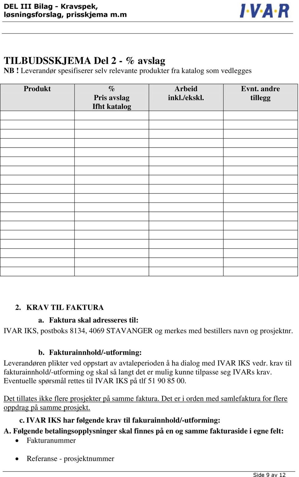 stillers navn og prosjektnr. b. Fakturainnhold/-utforming: Leverandøren plikter ved oppstart av avtaleperioden å ha dialog med IVAR IKS vedr.