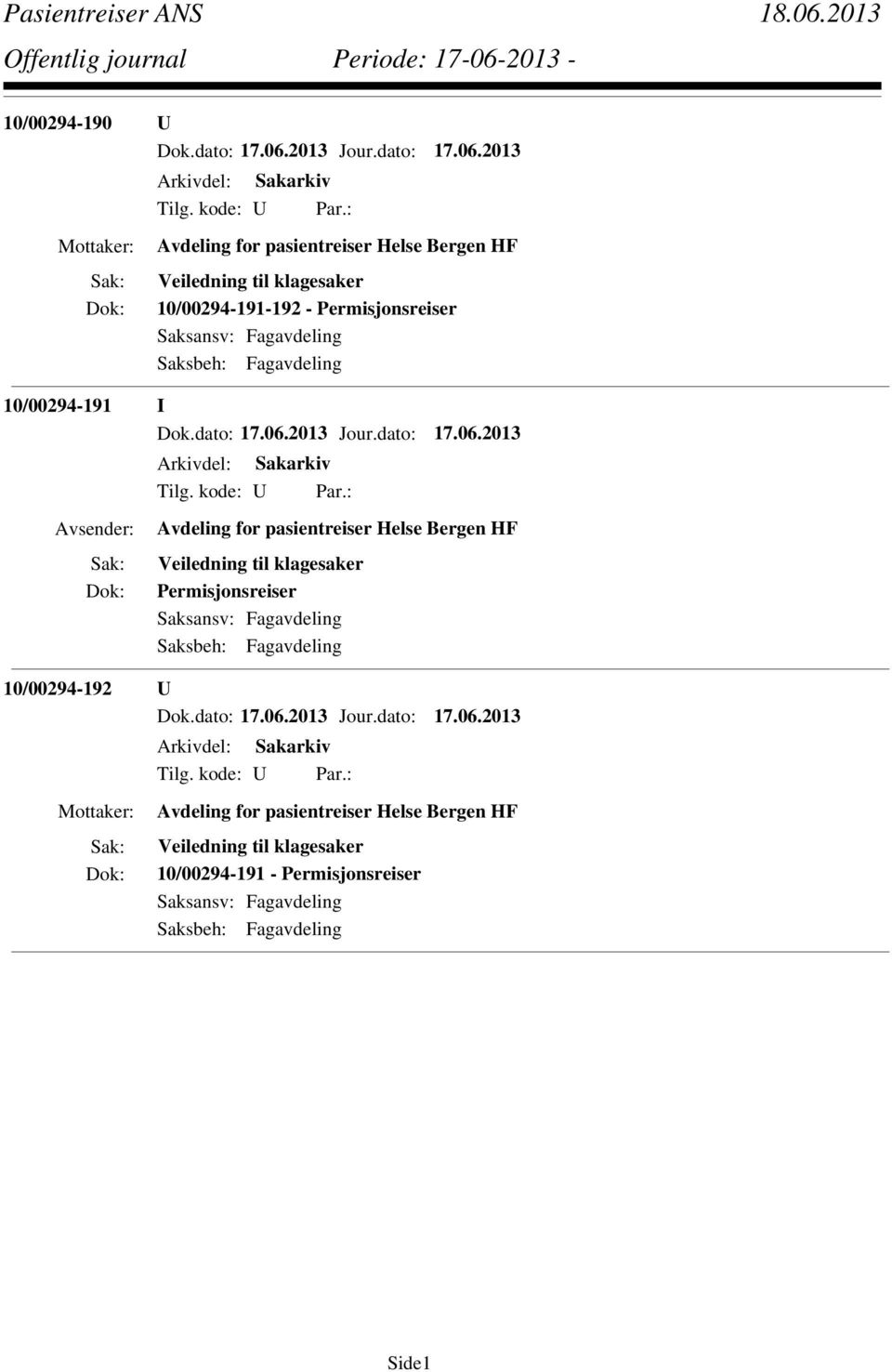 Bergen HF Veiledning til klagesaker Permisjonsreiser 10/00294-192 U Avdeling for