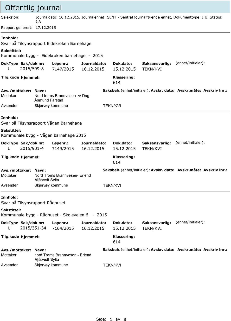 : Mottaker Nord troms Brannvesen v/ Dag Åsmund Farstad TKN/KV Svar på Tilsynsrapport Vågen Barnehage Kommunale bygg - Vågen barnehage 2015 2015/901-4 7149/2015 TKN/KV Avs./mottaker: Navn: Saksbeh.