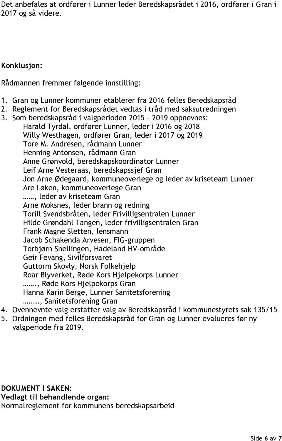 Som beredskapsråd i valgperioden 2015 2019 oppnevnes: Harald Tyrdal, ordfører Lunner, leder i 2016 og 2018 Willy Westhagen, ordfører Gran, leder i 2017 og 2019 Tore M.