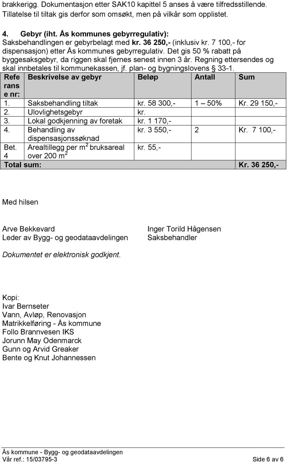 Det gis 50 % rabatt på byggesaksgebyr, da riggen skal fjernes senest innen 3 år. Regning ettersendes og skal innbetales til kommunekassen, jf. plan- og bygningslovens 33-1.