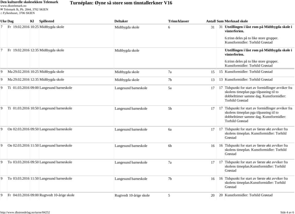 03.2016 09:00 Langesund barneskole Langesund barneskole 5a 17 17 Tidspunkt for start av formidlinger avviker fra skolens timeplan pga tilpasning til to dobbelttimer samme dag.