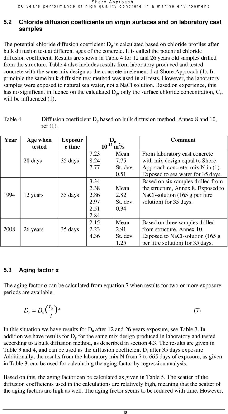 at different ages of the concrete. It is called the potential chloride diffusion coefficient. Results are shown in Table 4 for 12 and 26 years old samples drilled from the structure.