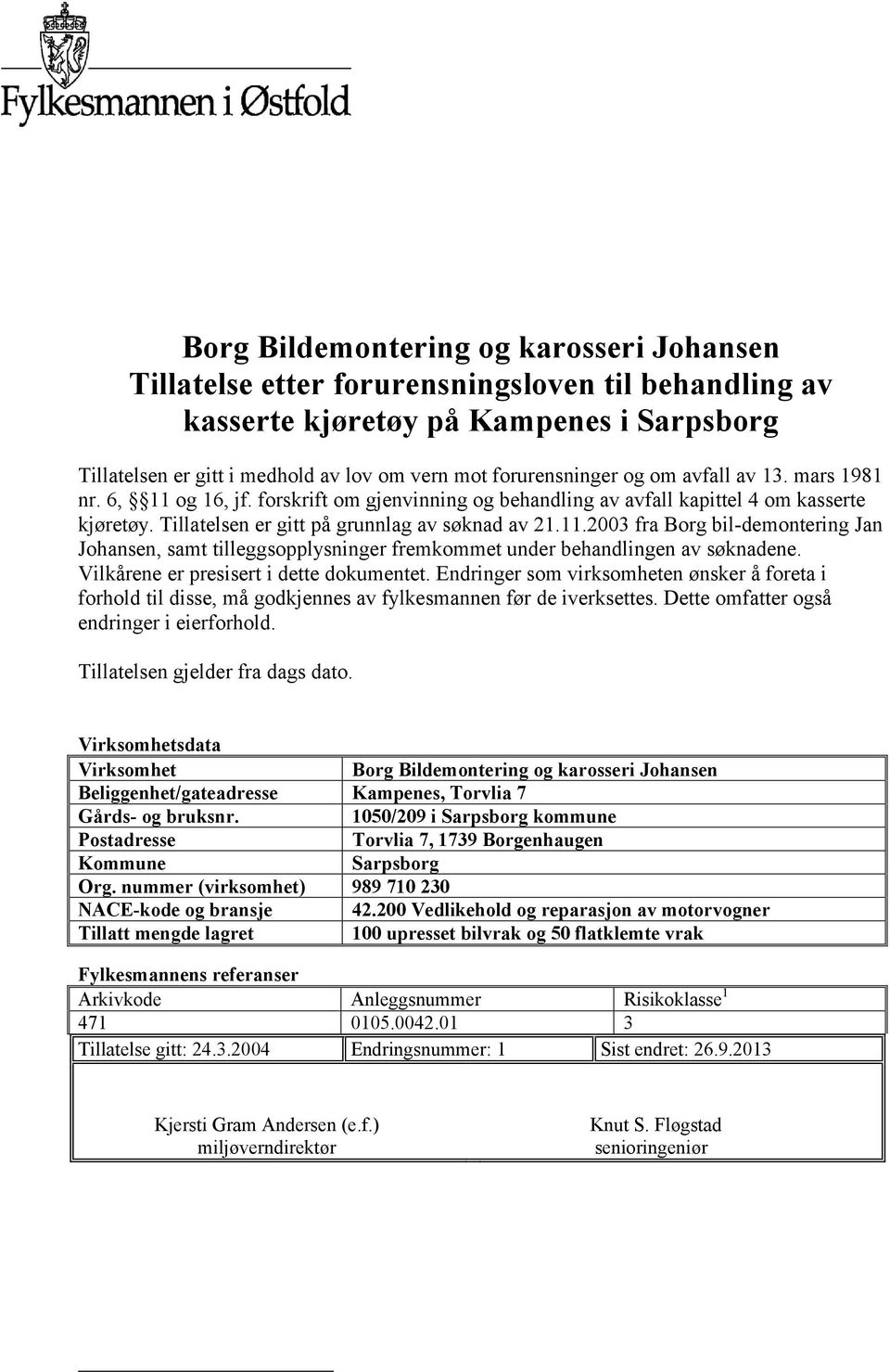 Vilkårene er presisert i dette dokumentet. Endringer som virksomheten ønsker å foreta i forhold til disse, må godkjennes av fylkesmannen før de iverksettes.