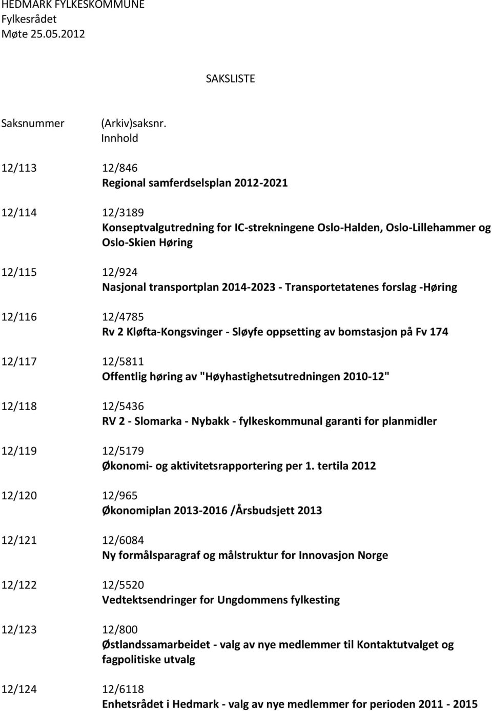 transportplan 2014-2023 - Transportetatenes forslag -Høring 12/116 12/4785 Rv 2 Kløfta-Kongsvinger - Sløyfe oppsetting av bomstasjon på Fv 174 12/117 12/5811 Offentlig høring av