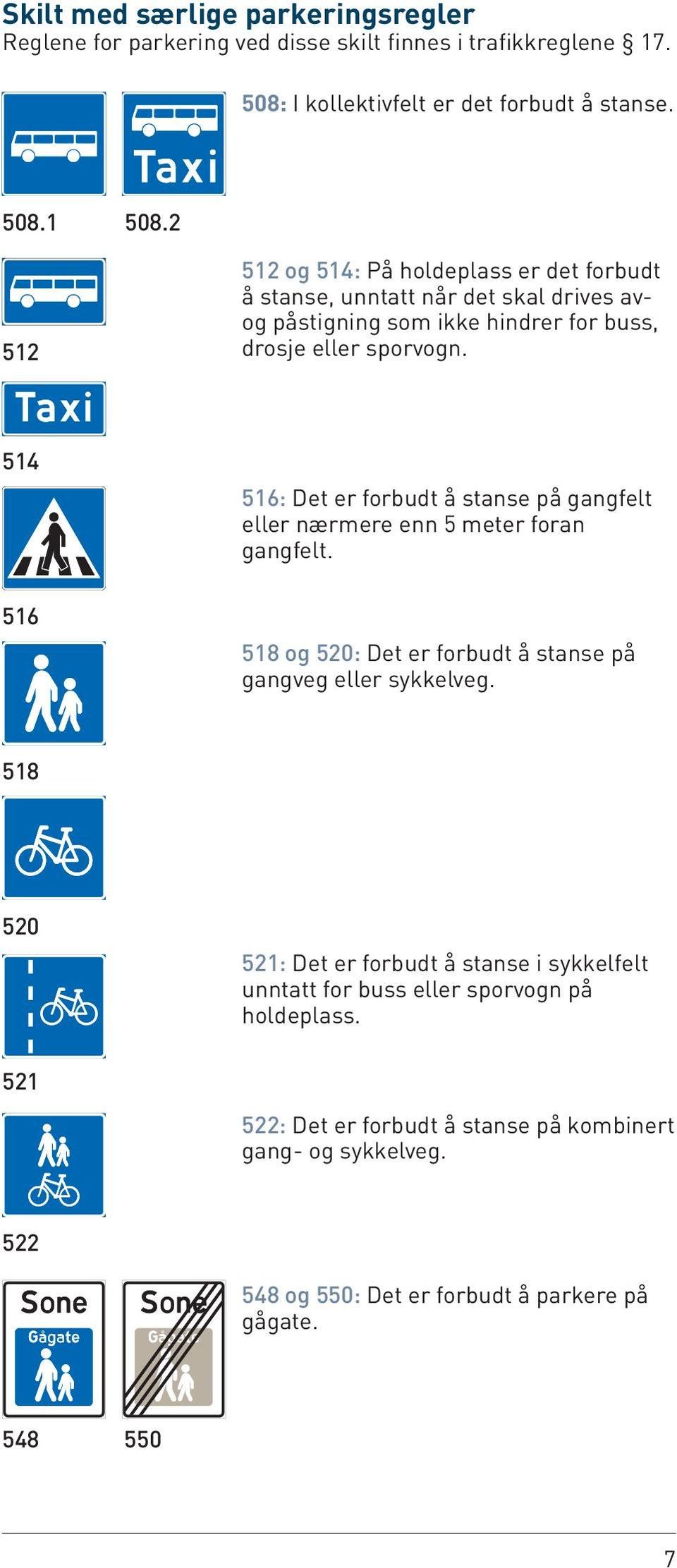 514 516 516: Det er forbudt å stanse på gangfelt eller nærmere enn 5 meter foran gangfelt. 518 og 520: Det er forbudt å stanse på gangveg eller sykkelveg.