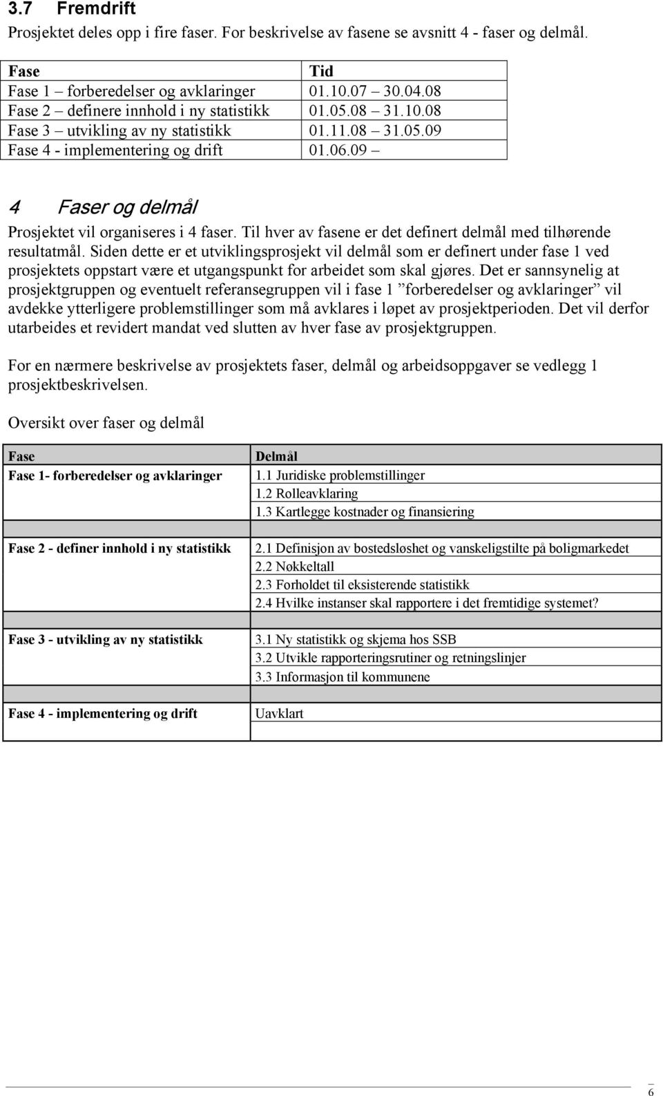 09 4 Faser og delmål Prosjektet vil organiseres i 4 faser. Til hver av fasene er det definert delmål med tilhørende resultatmål.