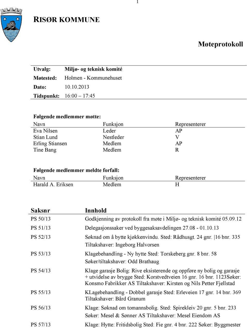 forfall: Navn Funksjon Representerer Harald A. Eriksen Medlem H Saksnr Innhold PS 50/13 Godkjenning av protokoll fra møte i Miljø- og teknisk komité 05.09.