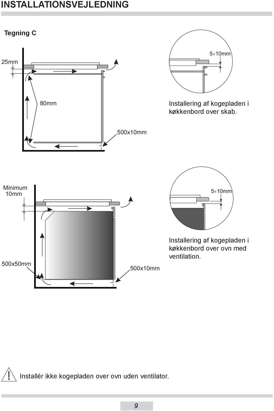 500x10mm Minimum 10mm 5 10mm 500x50mm 500x10mm Installering af