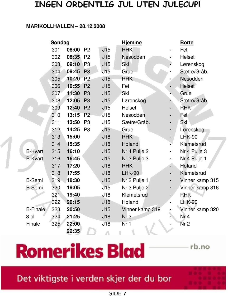 309 12:40 P2 J15 Helset - RHK 310 13:15 P2 J15 Nesodden - Fet 311 13:50 P3 J15 Sætre/Gråb.