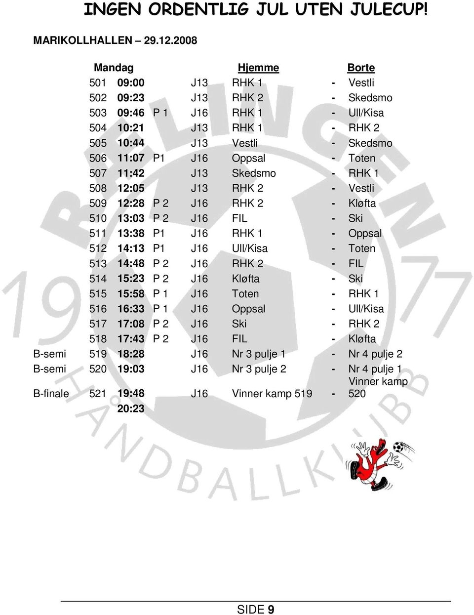 J16 Oppsal - Toten 507 11:42 J13 Skedsmo - RHK 1 508 12:05 J13 RHK 2 - Vestli 509 12:28 P 2 J16 RHK 2 - Kløfta 510 13:03 P 2 J16 FIL - Ski 511 13:38 P1 J16 RHK 1 - Oppsal 512 14:13 P1 J16