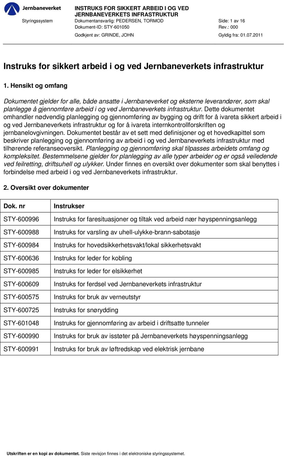 Dette dokumentet omhandler nødvendig planlegging og gjennomføring av bygging og drift for å ivareta sikkert arbeid i og ved Jernbaneverkets infrastruktur og for å ivareta internkontrollforskriften og