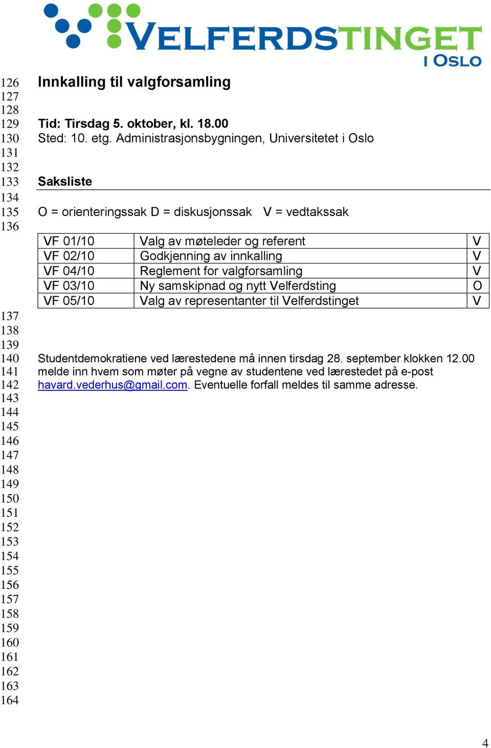 Administrasjonsbygningen, Universitetet i Oslo Saksliste O = orienteringssak D = diskusjonssak V = vedtakssak VF 01/10 Valg av møteleder og referent V VF 02/10 Godkjenning av innkalling V VF 04/10