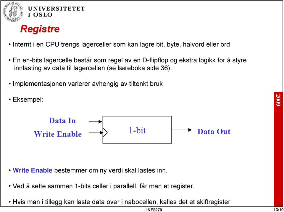 Implementasjonen varierer avhengig av tiltenkt bruk Eksempel: Write Enable bestemmer om ny verdi skal lastes inn.