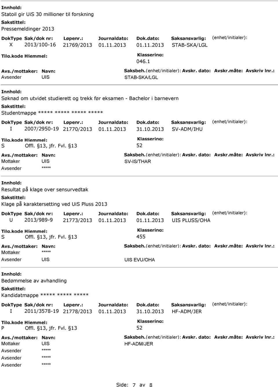 2007/2950-19 21770/2013 V-ADM/H V-/THAR nnhold: Resultat på klage over sensurvedtak Klage på karaktersetting ved i luss 2013 2013/989-9