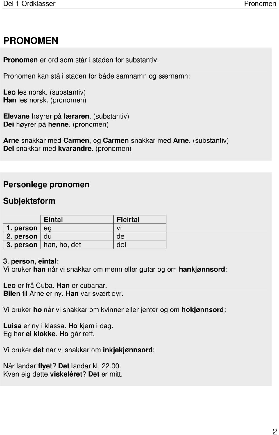 person eg vi 2. person du de 3. person han, ho, det dei 3. person, eintal: Vi bruker han når vi snakkar om menn eller gutar og om hankjønnsord: Leo er frå Cuba. Han er cubanar. Bilen til Arne er ny.