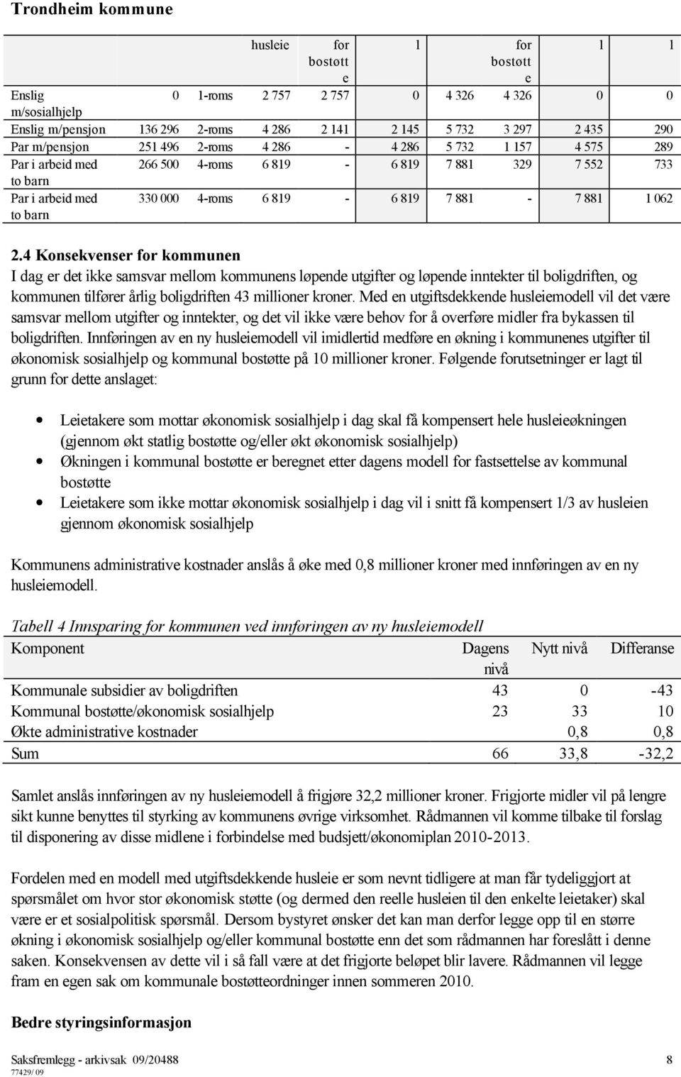 4 Konsekvenser for kommunen I dag er det ikke samsvar mellom kommunens løpende utgifter og løpende inntekter til boligdriften, og kommunen tilfører årlig boligdriften 43 millioner kroner.