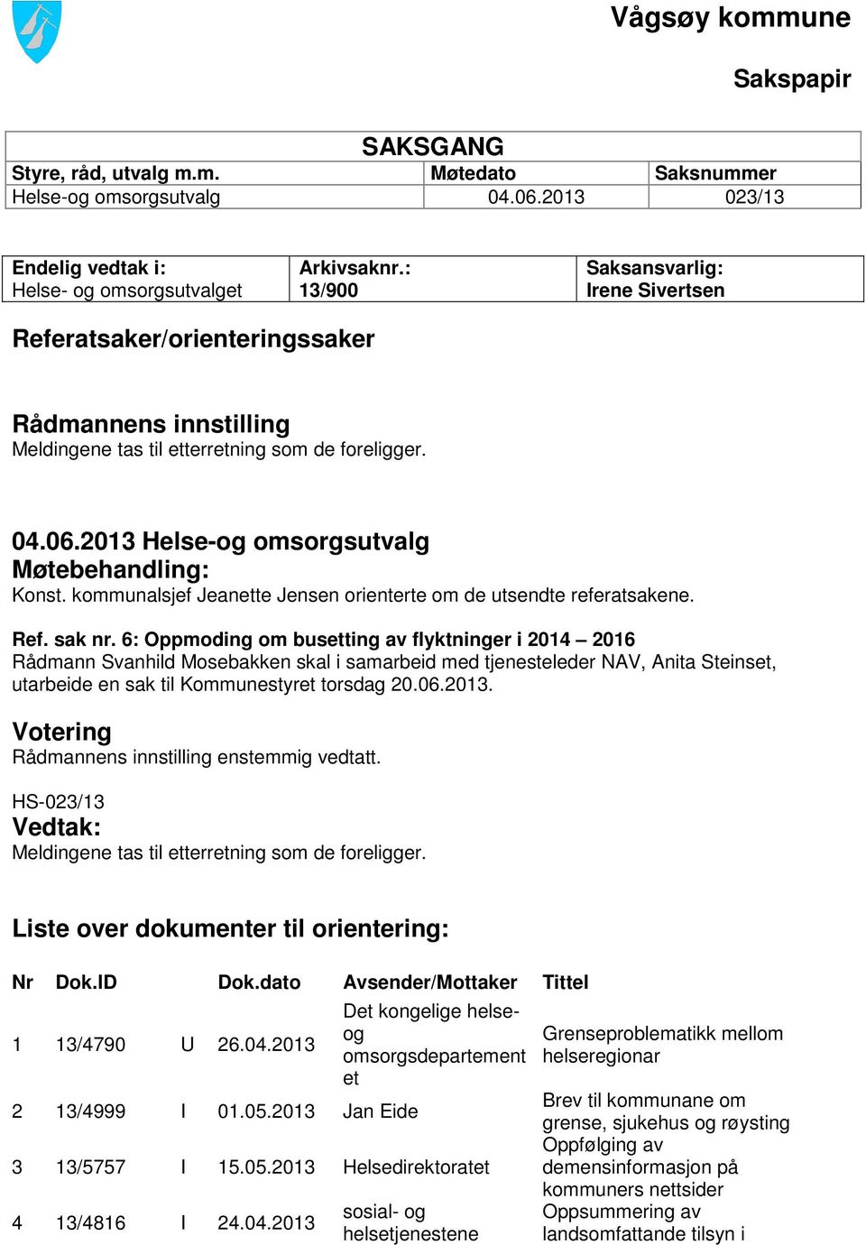 2013 Helse-og omsorgsutvalg Møtebehandling: Konst. kommunalsjef Jeanette Jensen orienterte om de utsendte referatsakene. Ref. sak nr.