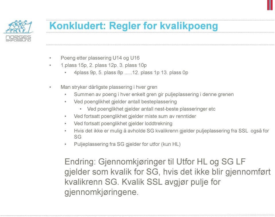 antall nest-beste plasseringer etc Ved fortsatt poenglikhet gjelder miste sum av renntider Ved fortsatt poenglikhet gjelder loddtrekning Hvis det ikke er mulig å avholde SG kvalikrenn gjelder