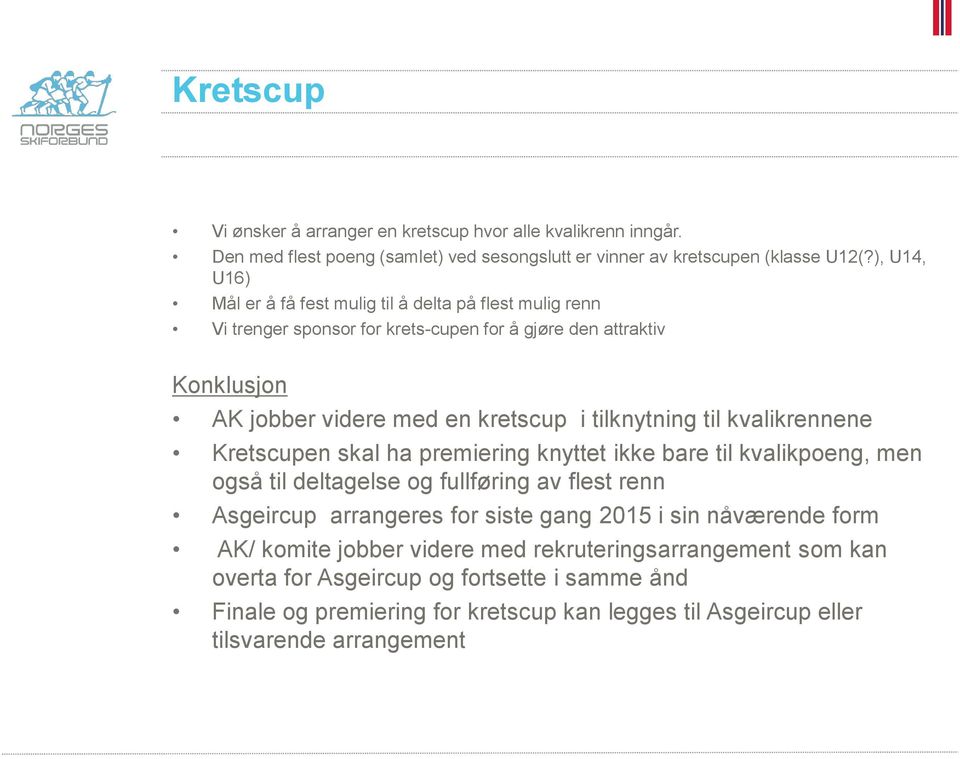 tilknytning til kvalikrennene Kretscupen skal ha premiering knyttet ikke bare til kvalikpoeng, men også til deltagelse og fullføring av flest renn Asgeircup arrangeres for siste gang